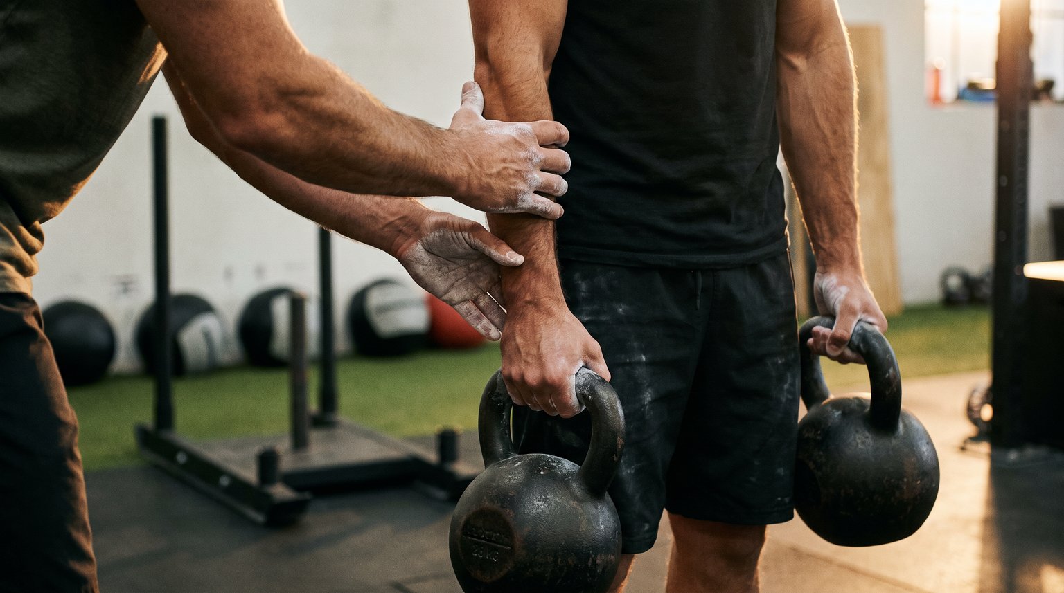 Entrenador corrigiendo el agarre de un atleta en un farmers carry con kettlebells