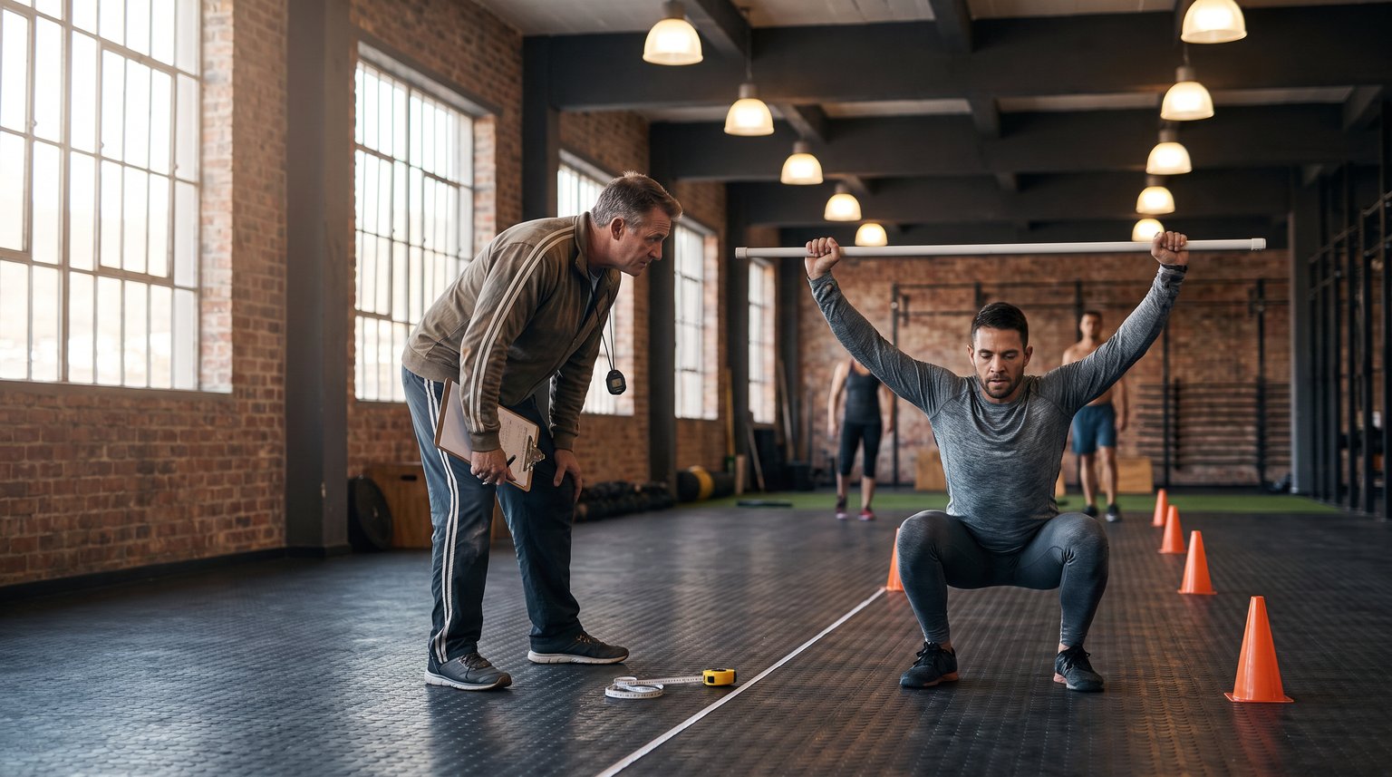 Entrenador con cronómetro evaluando a un atleta durante la sesión de tests inicial en el gimnasio
