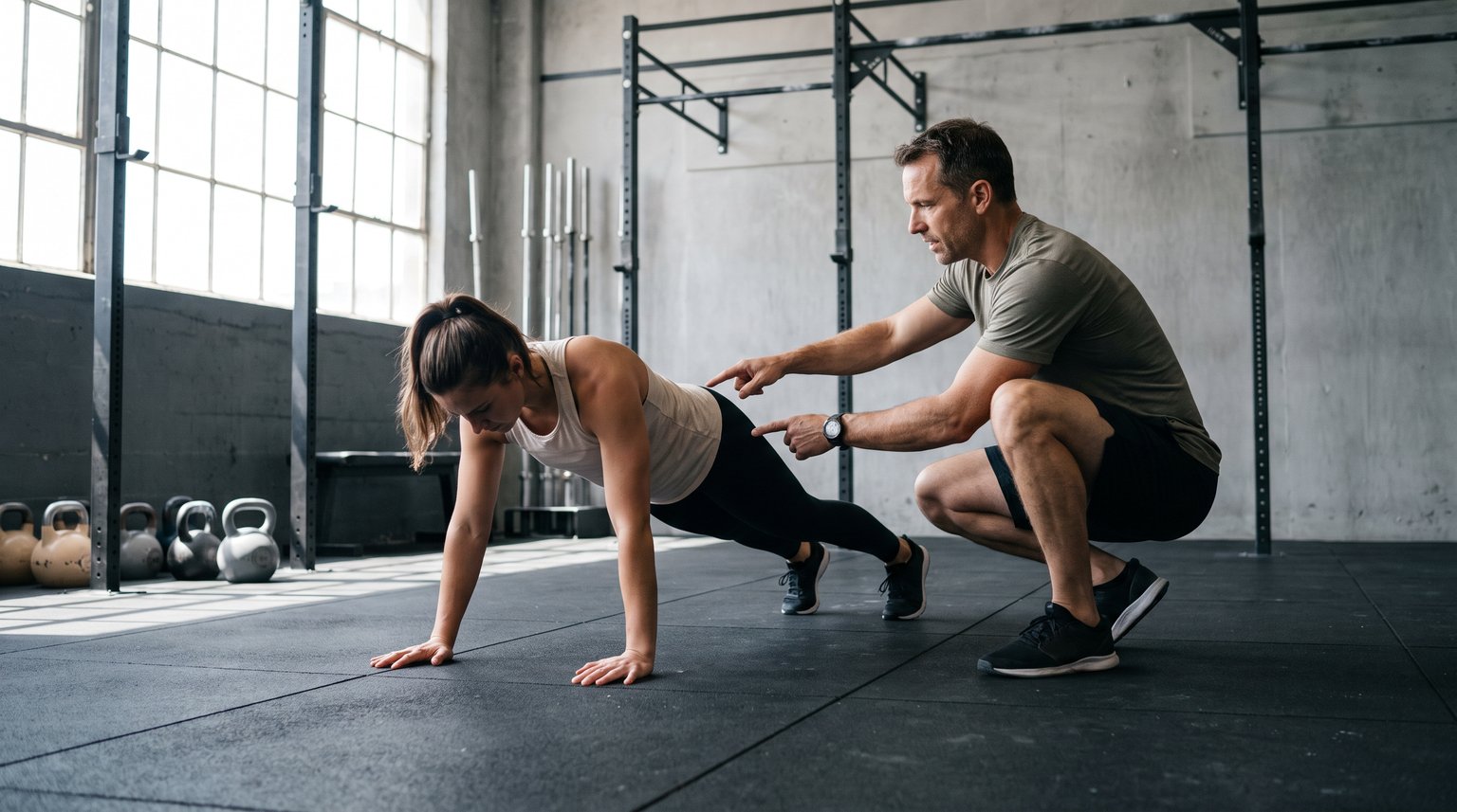 Entrenador corrigiendo la posición de un atleta en la fase baja de un burpee