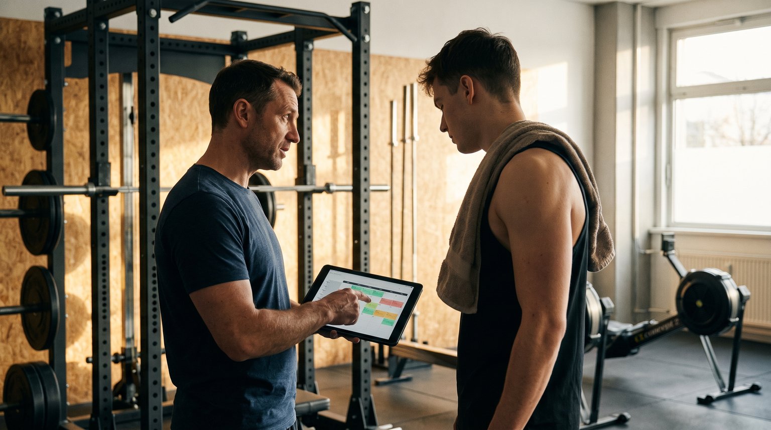 Entrenador mostrándole a un atleta el orden de las sesiones de la semana en una tablet, en un gimnasio funcional