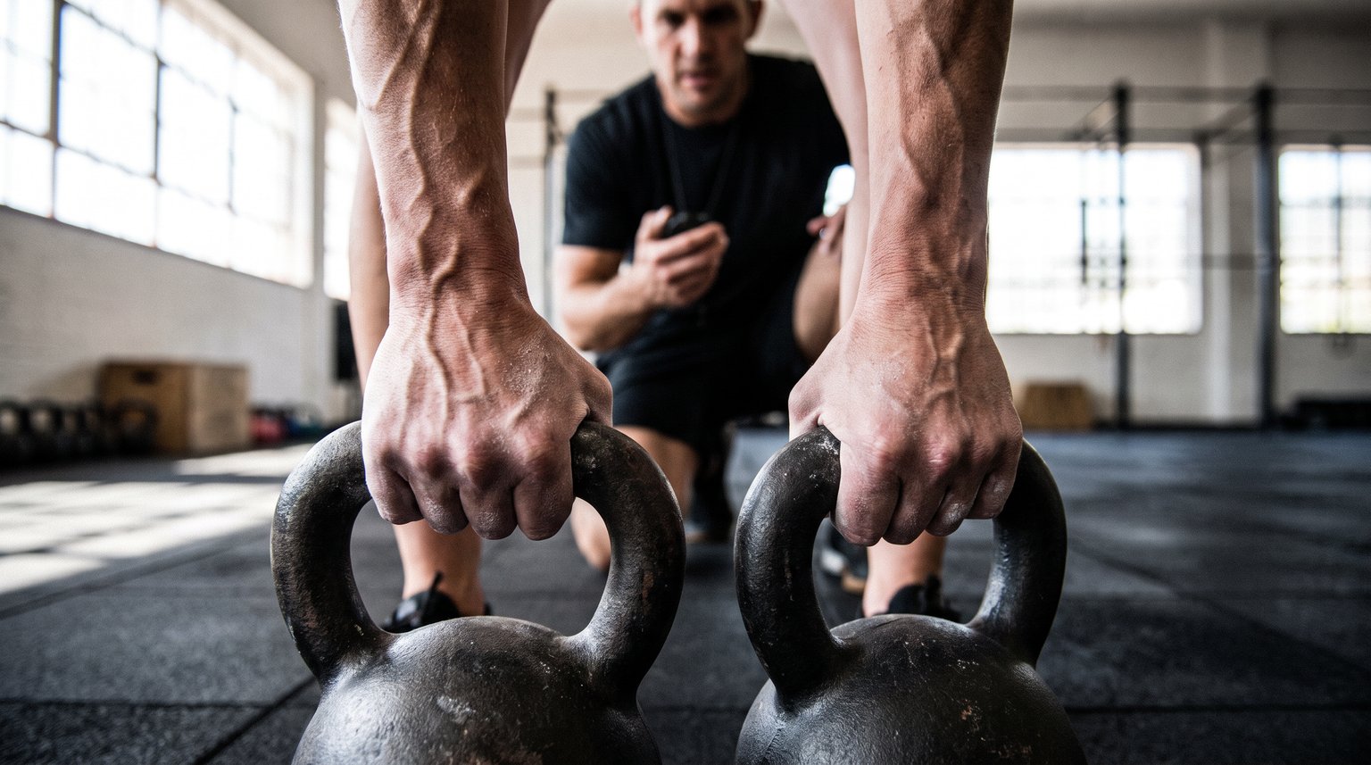 Primer plano de las manos y antebrazos de una atleta sujetando dos kettlebells durante un farmers carry, con un entrenador observando de fondo
