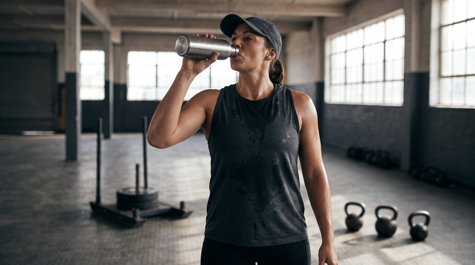 Atleta hidratándose durante una sesión de entrenamiento funcional