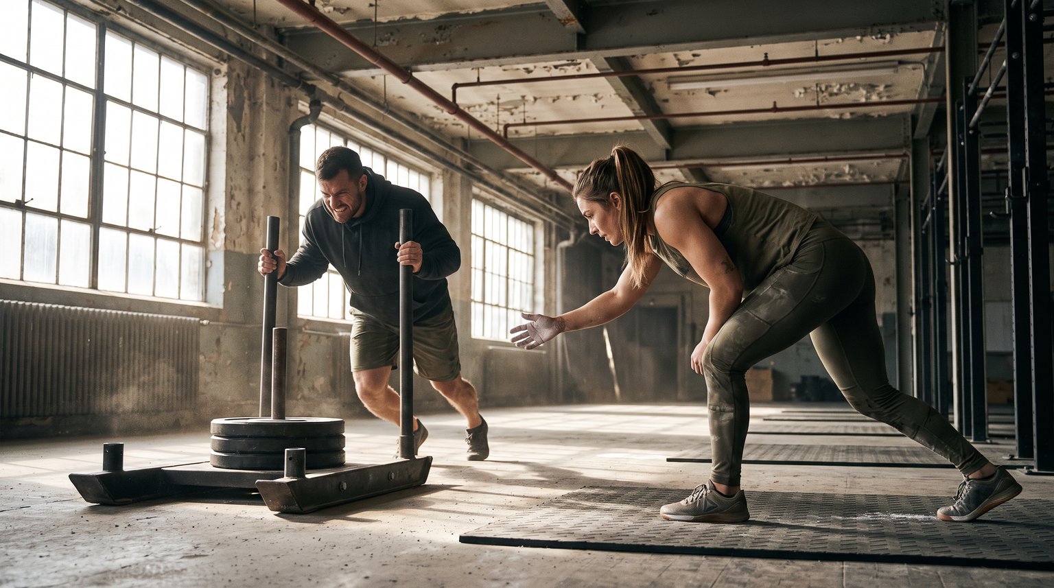 Dupla entrenando el relevo en una estación de trineo dentro de un gimnasio industrial