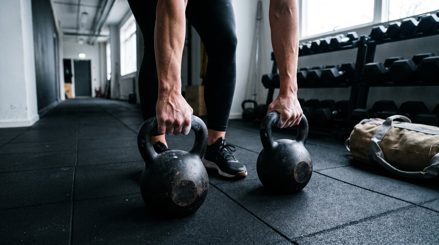 Atleta realizando farmers carry con dos kettlebells pesados en un pasillo de gimnasio funcional