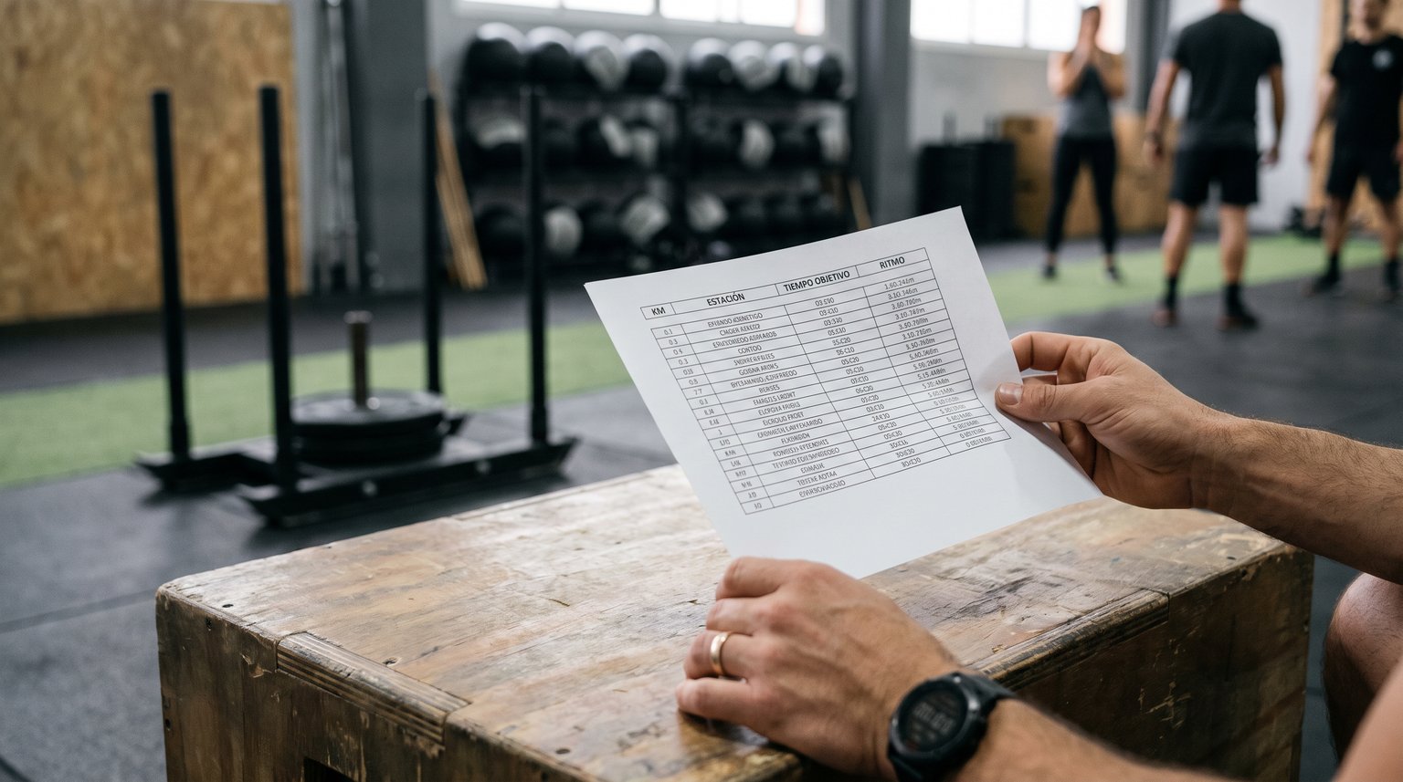 Entrenador revisando una tabla impresa de tiempos y ritmos por kilómetro para una carrera