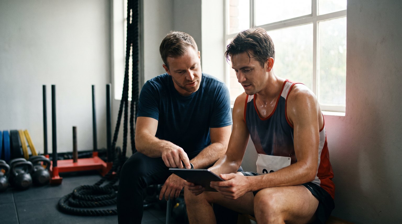 Entrenador y atleta sentados en un gimnasio revisando juntos los splits de la carrera en una tablet