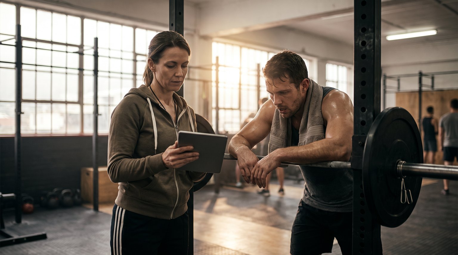 Entrenador revisando datos de entrenamiento en una tablet junto a un atleta que termina una serie en el gimnasio