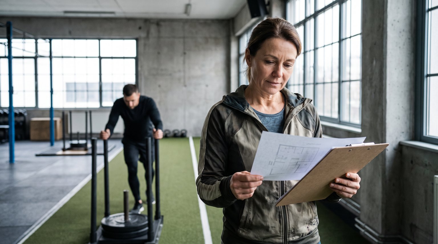 Entrenador revisando el plan semanal de un atleta en el gimnasio durante la semana de competencia