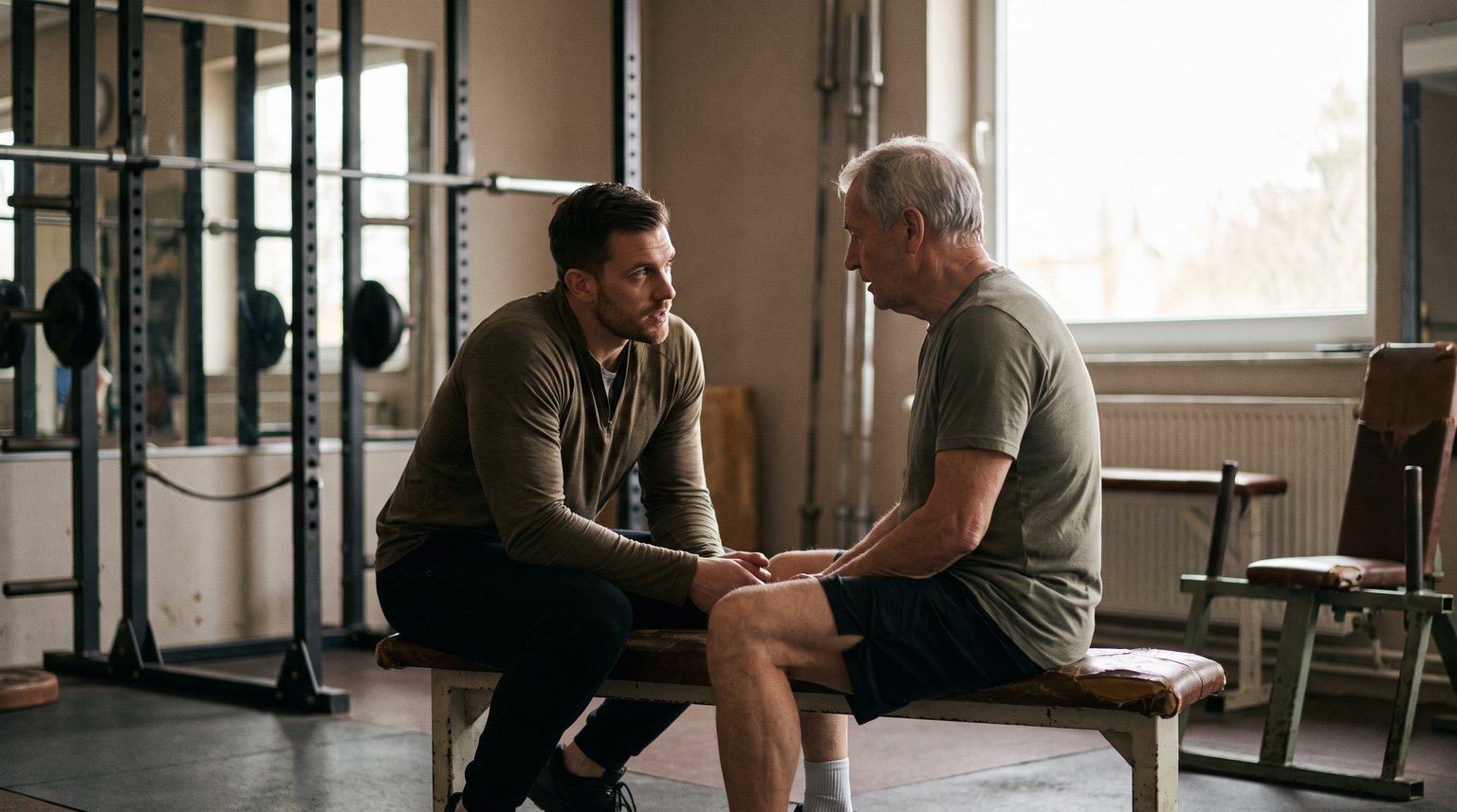 Entrenador y atleta conversando con calma sentados en un banco del gimnasio