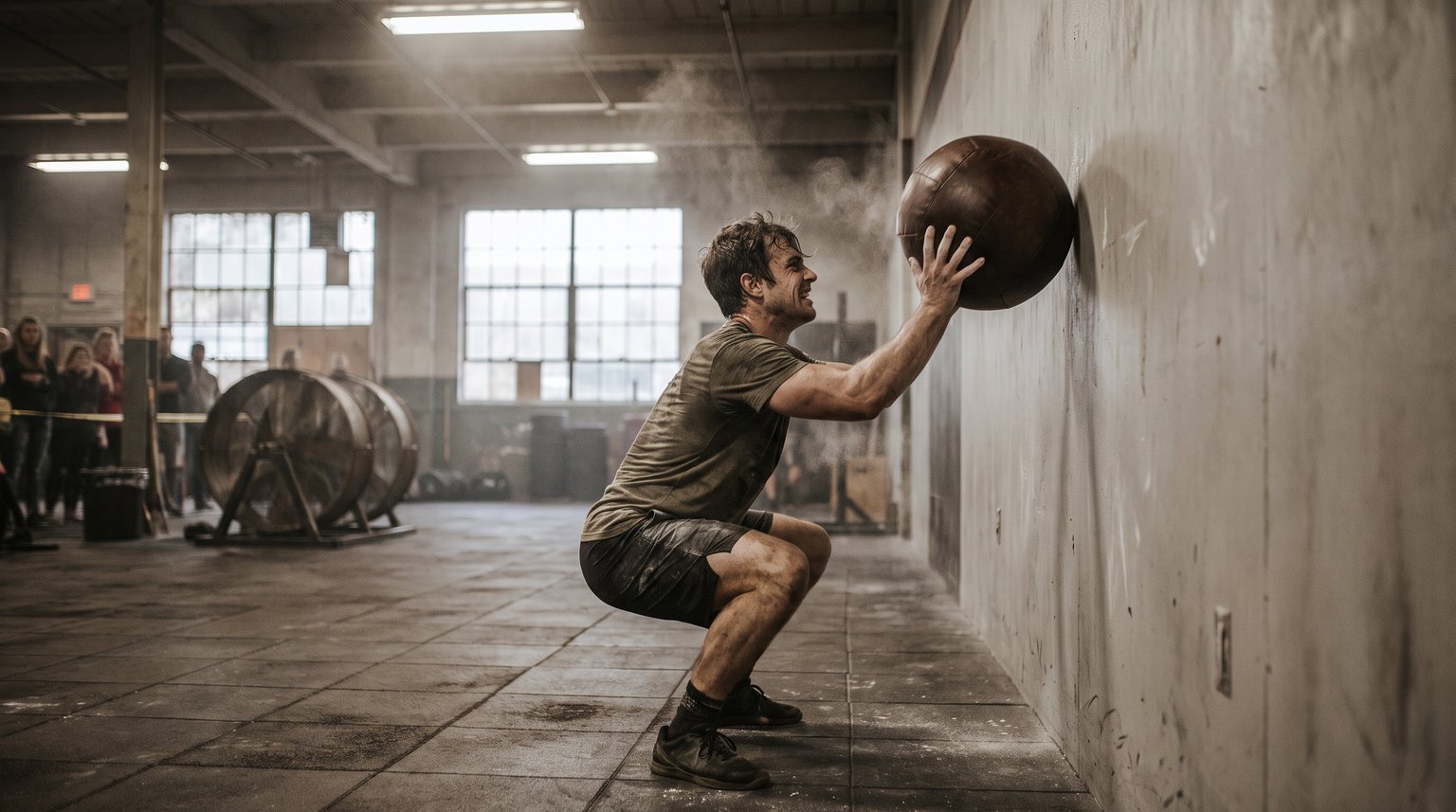 Atleta realizando wall balls con fatiga acumulada en un gimnasio industrial