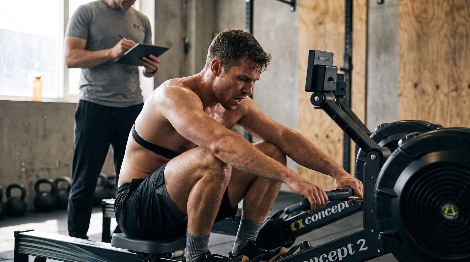Atleta terminando un test en remoergómetro con banda de frecuencia cardíaca mientras el entrenador registra los datos en una tablet