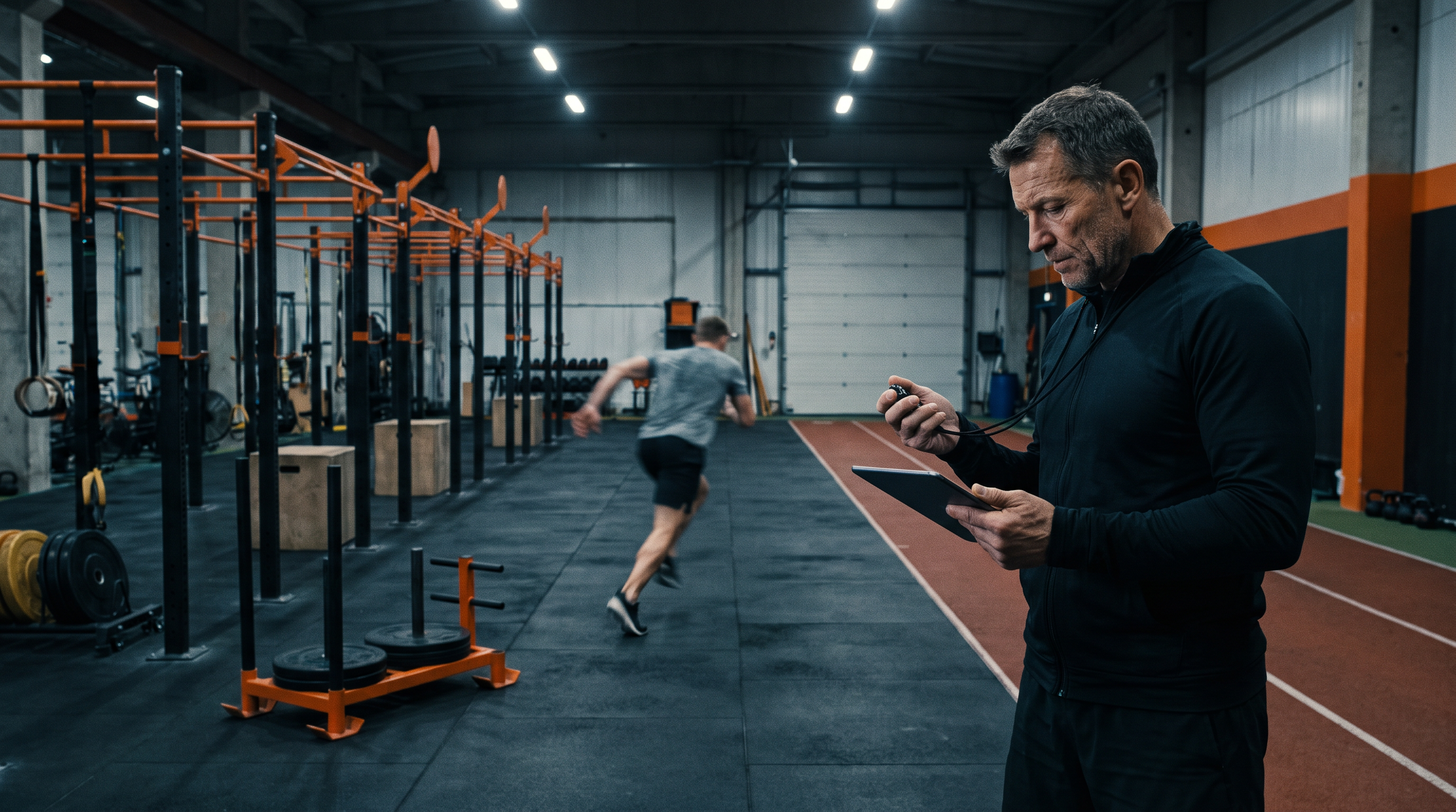 Entrenador cronometrando la transición de un atleta al salir de una estación de entrenamiento funcional