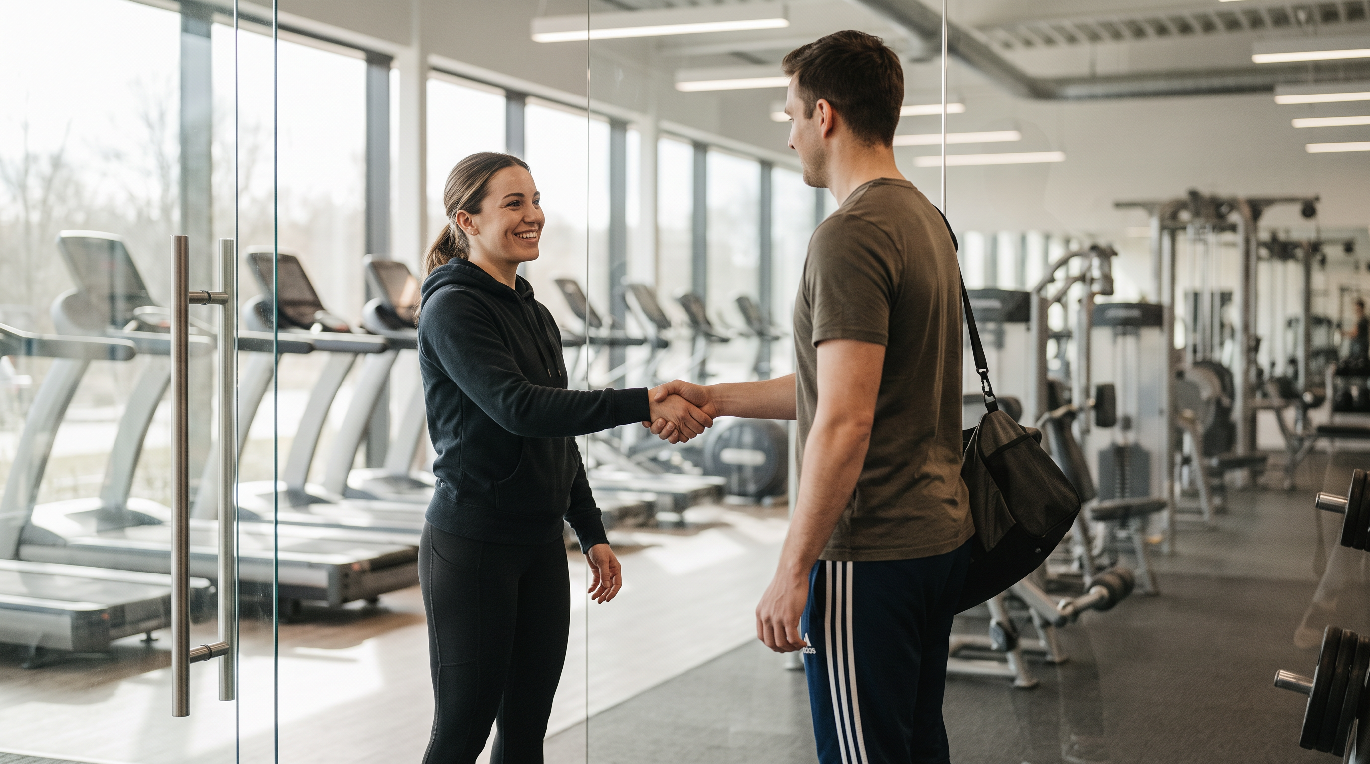 Entrenador recibiendo a un cliente nuevo en la entrada de un gimnasio con luz natural